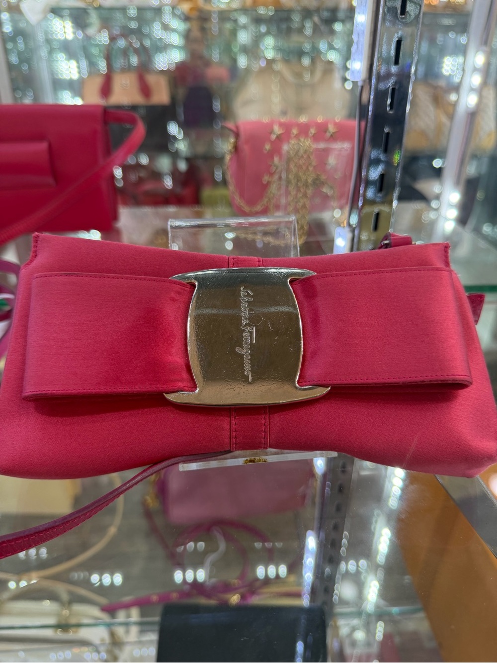 Salvatore Ferragamo Hot Pink Bow-Front Satin Clutch